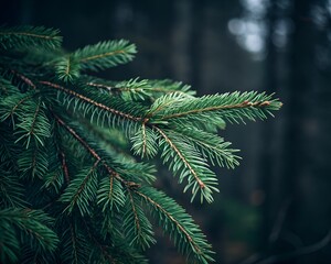 Beautiful Christmas Background with green fir tree brunch close up. Copy space, trendy moody dark toned design for seasonal quotes
