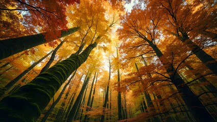 Tranquil Autumn Forest, Golden Yellows, Burnt Oranges, and Crimson Red Canopy