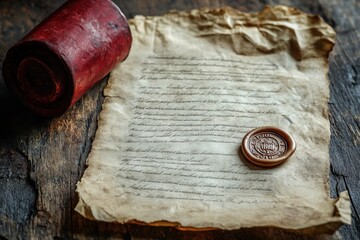 Vintage Scroll with Wax Seal on Aged Paper Evoking Historical Authenticity and Romance Ambiance, Valentine's Day Concept