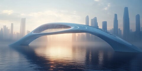 Innovative digital bridge design over water at sunrise urban landscape architecture high fidelity...