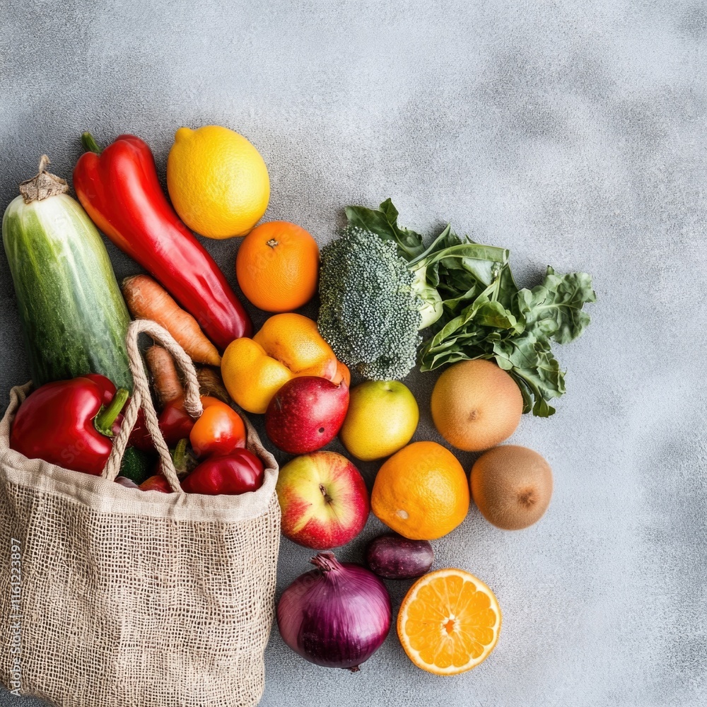 Poster a basket or container filled with various fruits and vegetables arranged on a table