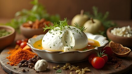 Creamy Burrata Cheese in Rustic Bowl, High-Contrast Italian Food Photography