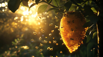 Busy bees buzzing around honeycomb against sunset