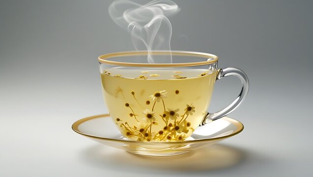 chamomile tea in glass cup isolated on transparent background