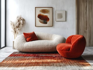 Modern minimalist japandi style living room design with cozy seating urban apartment interior decor bright ambiance wide angle aesthetic harmony