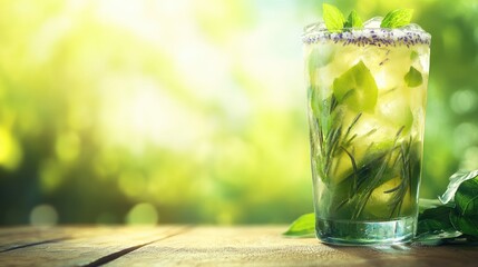 A refreshing glass of mint-infused drink with herbs and ice, set in a vibrant outdoor scene.