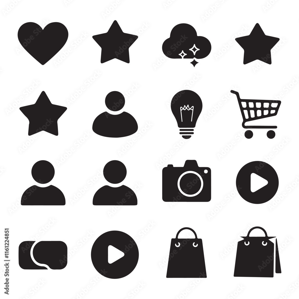 Poster collection of simple silhouette icons featuring shopping and multimedia symbols useful for user inte