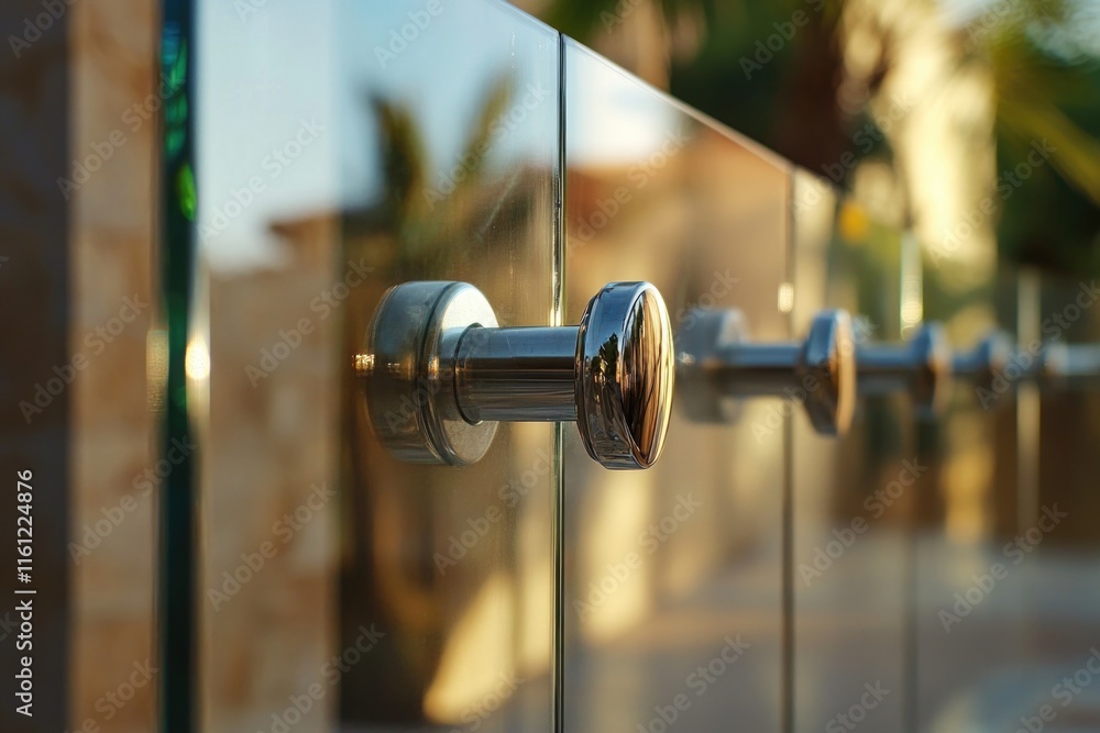 Poster a detailed view of a glass door handle, useful for interior design and architecture concepts