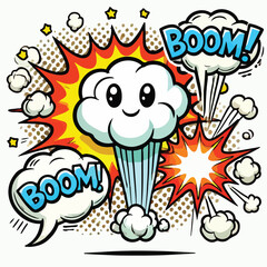Cartoon comic sign burst cloud. Speech bubble, boom sign expression and   on a white background