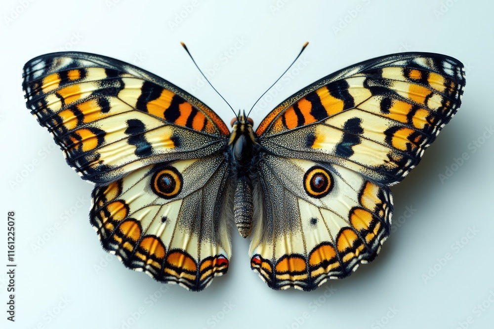 Poster close-up view of a butterfly on a white surface, great for backgrounds or textures