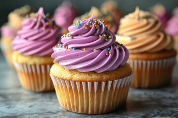 A selection of colorful cupcakes with vibrant purple frosting and decorative sprinkles, perfect for birthday parties or sweet treats