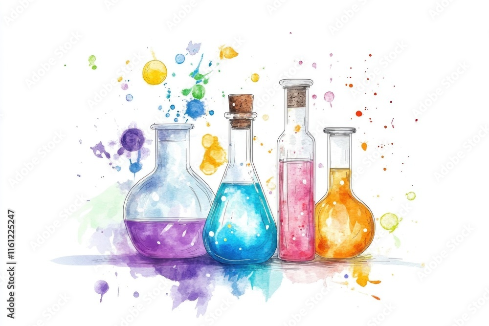 Poster a collection of transparent glass containers filled with different colored substances