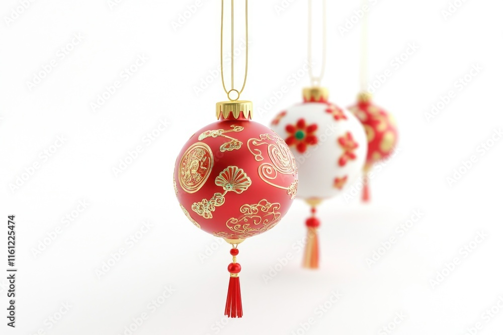 Poster decorative ornaments hang from a string, featuring red and white colors