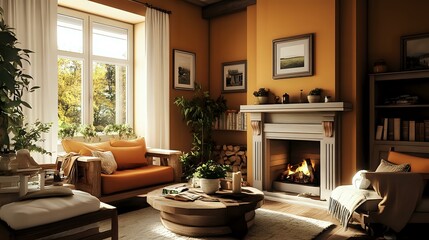 Rustic modern drawing room with warm wooden furniture, earthy tones and a cozy fireplace creating a welcoming environment