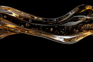 3D rendering, golden liquid, metallic moving liquid spray, heart shaped gel, golden splash clip art, artistic paint, abstract design elements isolated on black background. Luxury Beauty Concept