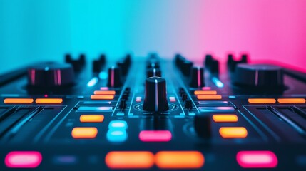 Dj mixing session in a neon-lit studio music production electronic dance music close-up view