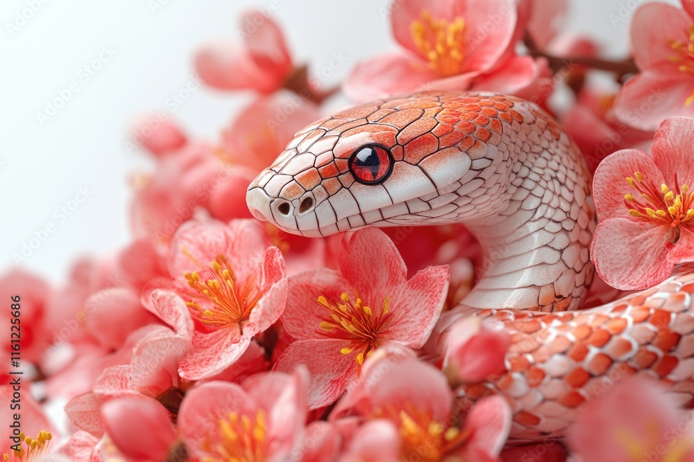 Poster a close-up shot of a snake resting on a colorful floral branch