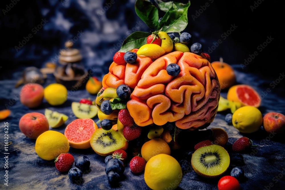 Poster a creative and colorful arrangement of fruits forms a brain shape on a table, perfect for use in edu