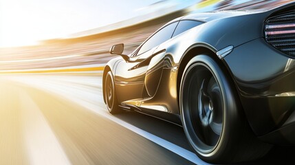 Fototapeta premium Red sports car racing at high speed on a drag strip, showcasing the thrill of competition and the pursuit of performance excellence