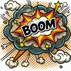 Cartoon comic sign burst cloud. Speech bubble, boom sign expression and   on a white background