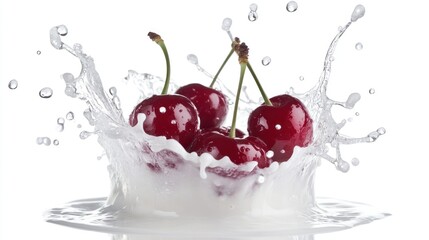 Juicy Red Cherries Milk Splash Delightful Freshness