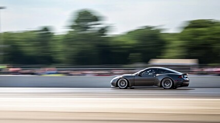 Red sports car racing at high speed on a drag strip, showcasing the thrill of competition and the pursuit of performance excellence
