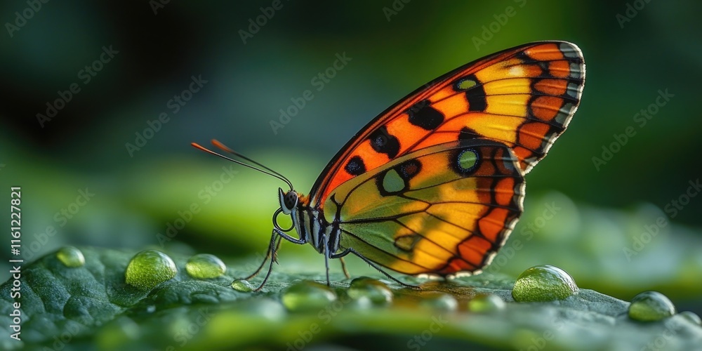 Poster a detailed view of a butterfly resting on a green leaf