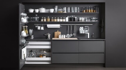A functional small kitchen with integrated shelving, sleek pull-out units, and a bold monochromatic style