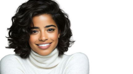 Smiling Woman in White Turtleneck Sweater Transparent Background Studio Portrait