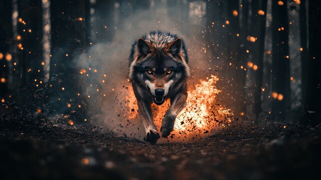 Fiery Wolf Running Through Forest - Powered by Adobe
