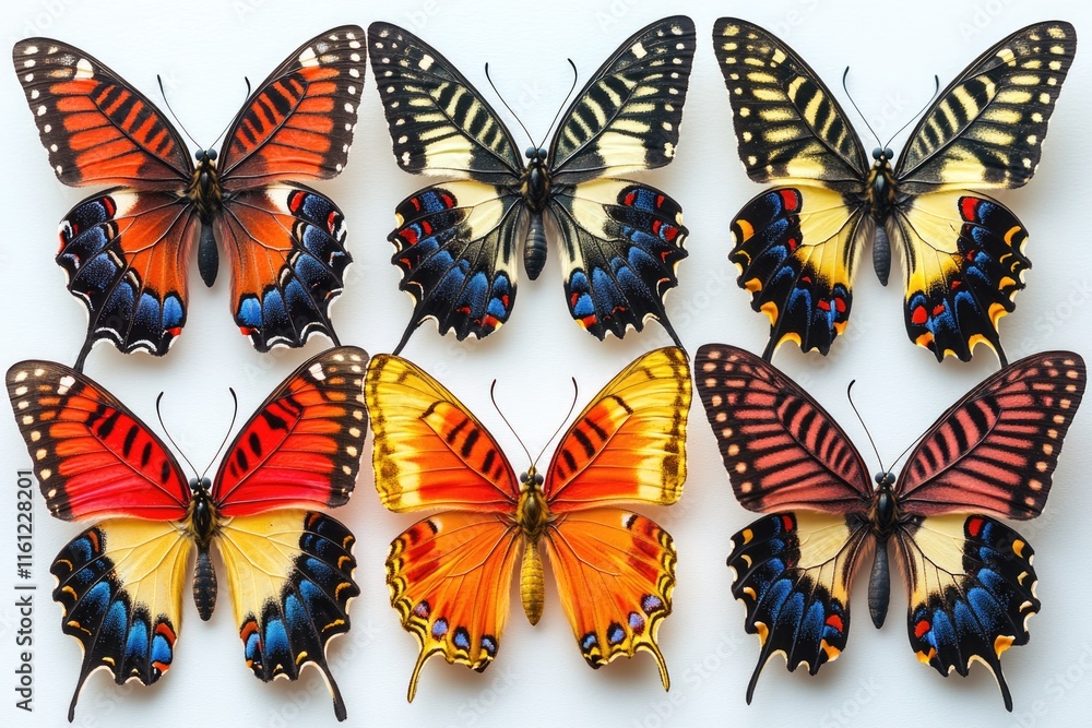 Poster a cluster of vibrant butterflies perched on a clean white background