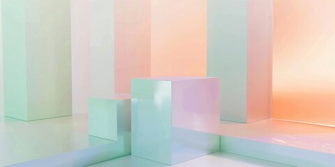 Fototapeta premium Abstract pastel geometric room with reflective surfaces and soft gradient lighting