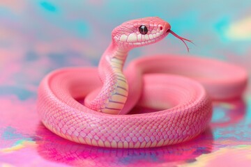 Fototapeta premium A pink snake sits on top of a pink surface