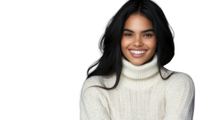 Cheerful Woman Natural Beauty Studio Shot Turtleneck Knit White Sweater Fashion