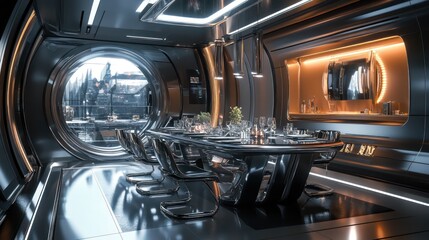 A futuristic dining room featuring metallic finishes, a glass dining set, and LED lighting accents