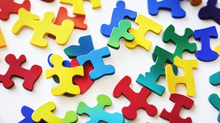 Colorful assorted puzzle pieces spread on white surface