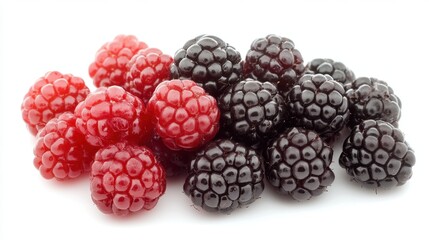 Fresh red and black raspberries on white background