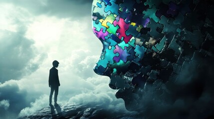 Silhouette of young male facing puzzle head in surreal cloudy landscape