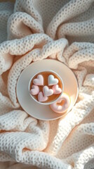  Cup of cappuccino with marshmallow hearts and cookies on white plate  lying on white knitted blanket, Valentine's Day greeting card, Top view, free place for text