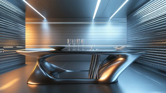 A futuristic dining room with sleek metallic finishes, LED lighting, and a unique modern table