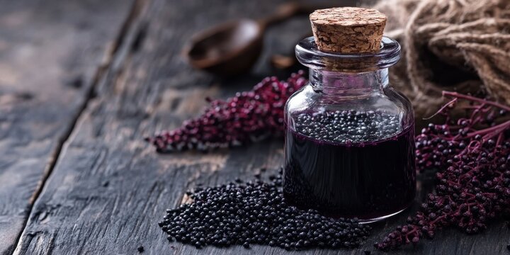 Dark glass bottle with cork containing elderberry juice on wooden table