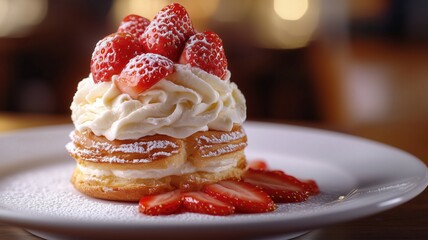 Exquisite cream puff dessert with vanilla cream and strawberries for elegant dining