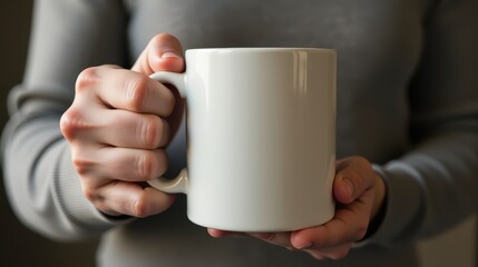 A close-up of a hand holding a white ceramic mug, conveying warmth and relaxation