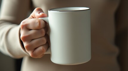 Obraz premium A close-up of a hand holding a white ceramic mug, conveying warmth and relaxation