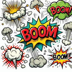 Cartoon comic sign burst cloud. Speech bubble, boom sign expression and   on a white background