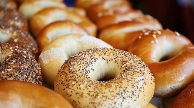 Freshly baked assorted bagels with seeds and plain varieties National Bagel and Lox Day