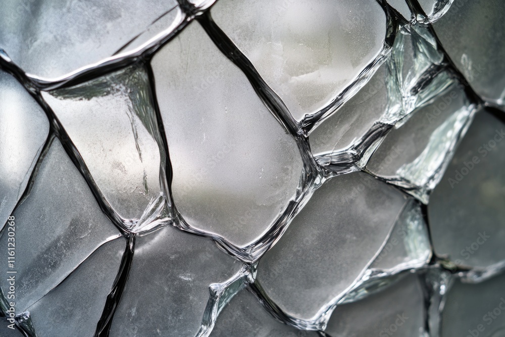 Aufkleber A close-up view of a broken glass window with shards and cracks