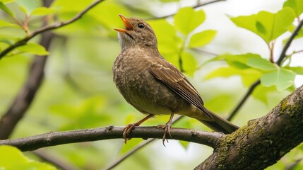 A small bird perched on a branch, singing amidst vibrant green leaves.