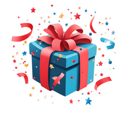 Elegant Gift Box Wrapped in Blue with Red Ribbon and Golden Confetti Background. AI generative.