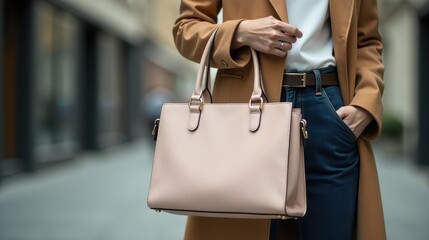 Stylish woman holding a beige leather handbag on a city street, showcasing fashion and elegance in an urban setting